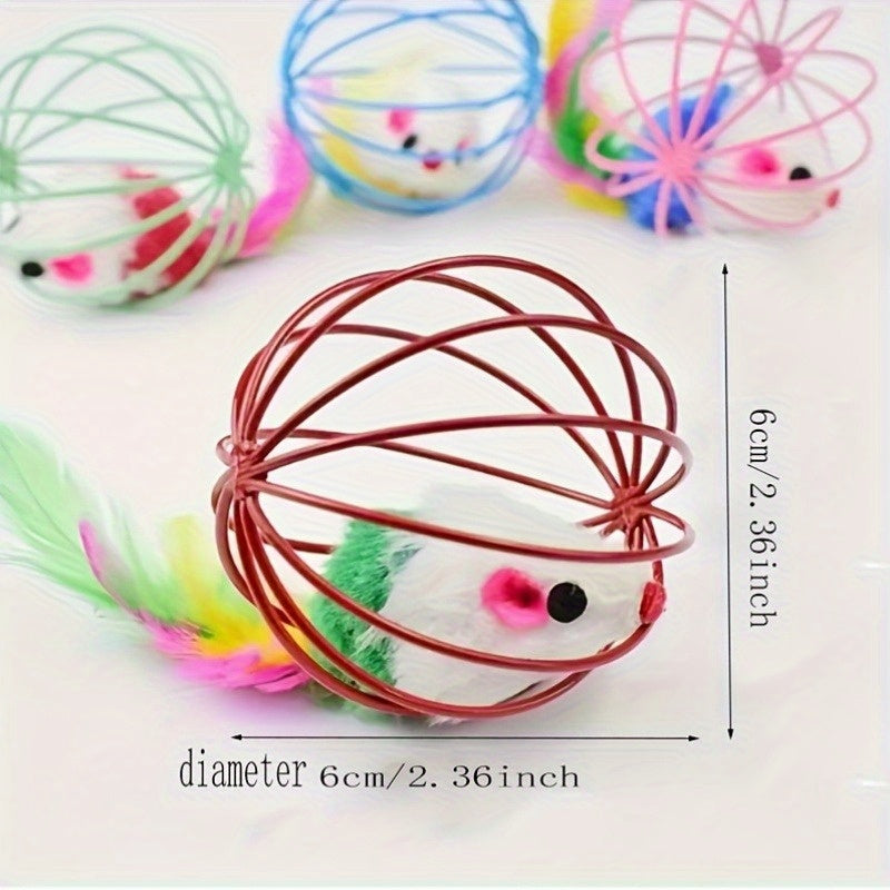 1/2pcs Random Color Artificial Feather Fluffy Cat Toy Metal Cage Mouse, Best Toys for Indoor Cats, Increase Your Interaction with Your Cat, Bring a Healthy Life to Your Cat, Without Battery