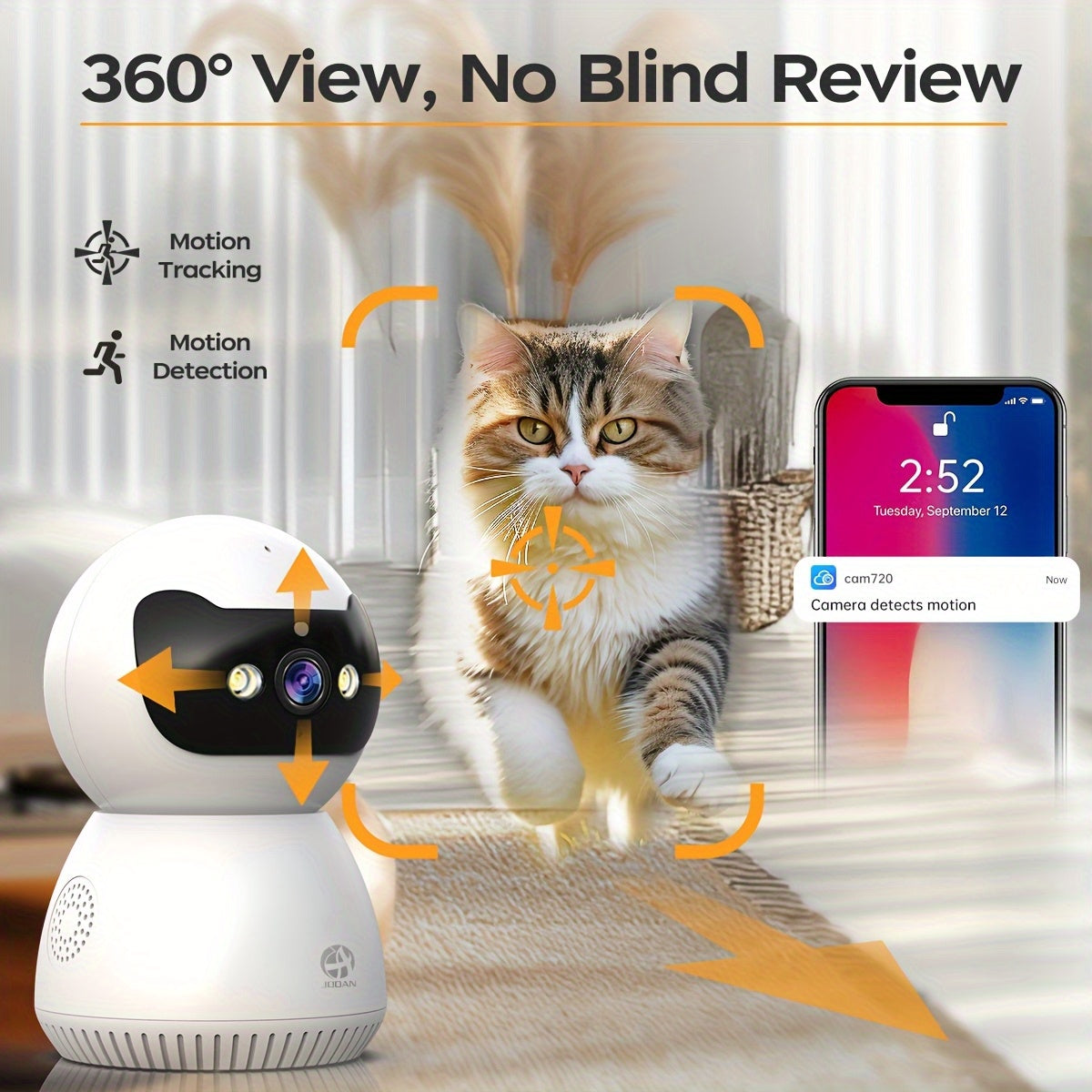 1080p security camera features a 355° rotating PTZ indoor camera, supports dual-band 2.4G and 5G WiFi, can be remotely accessed via an app, has two-way audio, color night vision, motion detection, USB power supply, and is us