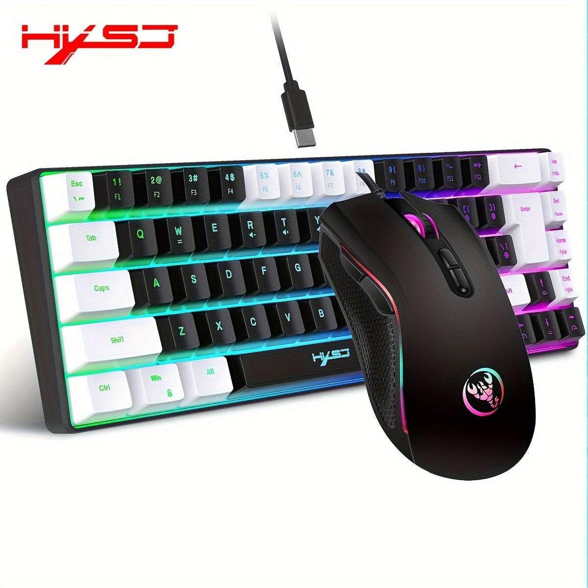 HXSJ Wired Gaming Keyboard and Mouse Set, 68 Keys with RGB Backlight, Optical Mouse, USB Plug and Play, Compatible with PC, No Battery Required