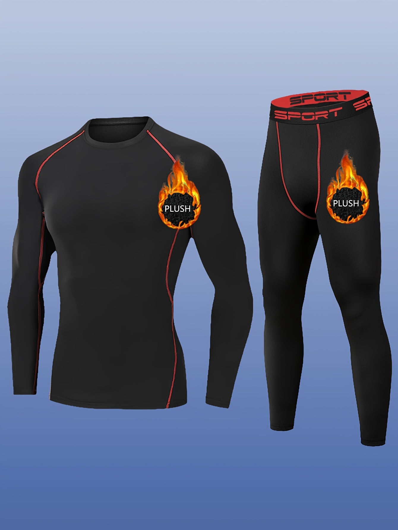 2pcs Men'S Plush Sport Compression Shirt & Leggings Set - Quick-Dry, High-Elasticity, Breathable Athletic Underwear for Running & Outdoor Activities, Black with Pink Accents, Autumn Winter Workout Gear, Workout Clothes, Autum