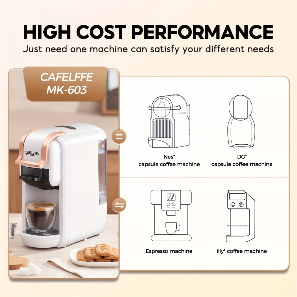 CAFELFFE 4 In 1 Capsule Coffee Maker MK603, Hot/Cold Brew Espresso Machine, 19Bar, Suitable For Nec* Capsules, DG* Capsules, ESE And Coffee Powder, Easy To Clean, Rust-proof, 0.6L Removable Water Tank, Suitable For Home Kitch