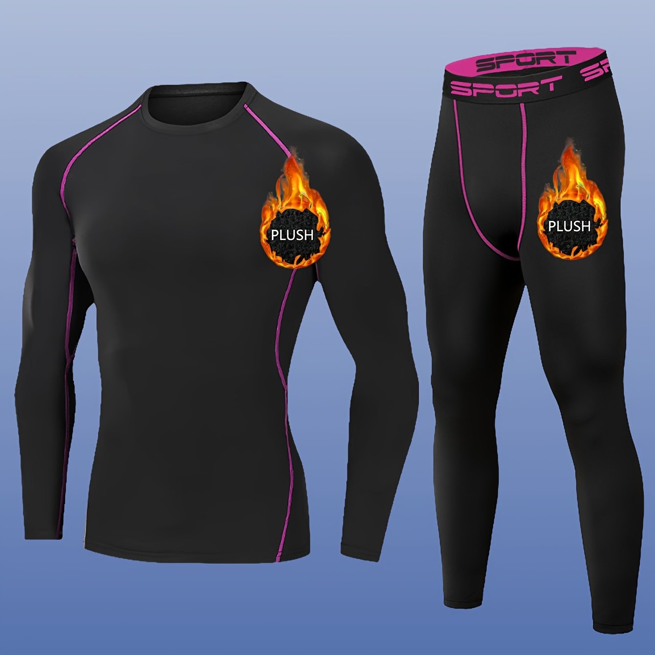 2pcs Men'S Plush Sport Compression Shirt & Leggings Set - Quick-Dry, High-Elasticity, Breathable Athletic Underwear for Running & Outdoor Activities, Black with Pink Accents, Autumn Winter Workout Gear, Workout Clothes, Autum
