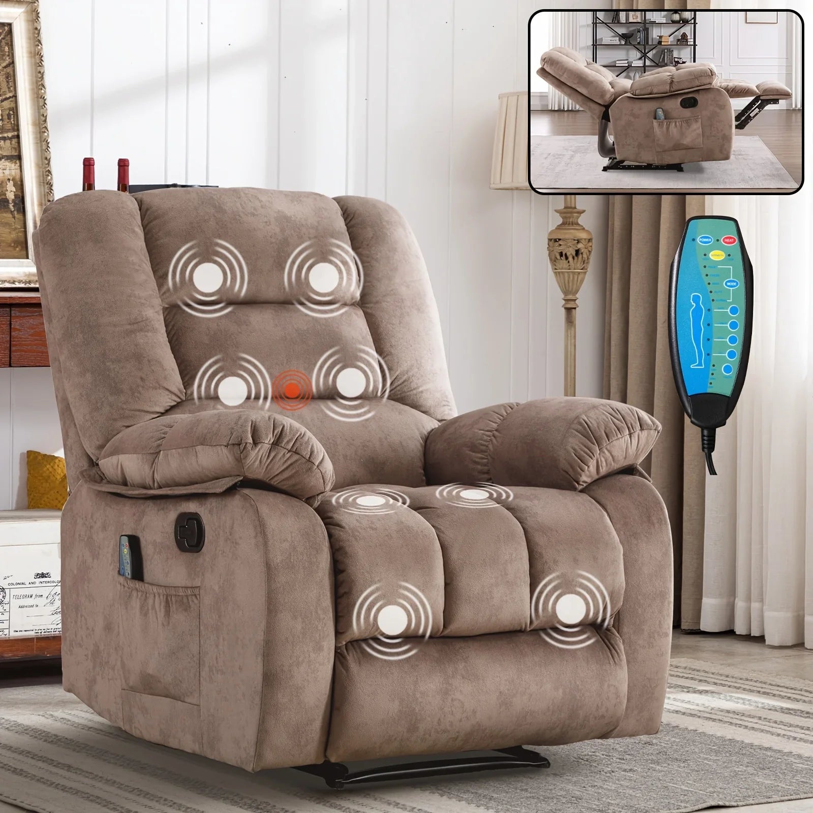 Manual Recliner Chair with Massage & Heating, Oversized Overstuffed Reclining Sofa with Side Pockets, for Living Room & Bedroom, Grey