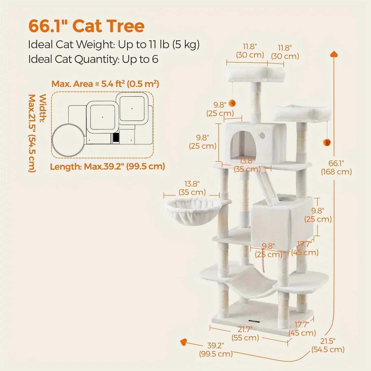 66.1/44.1in Cat Tree, Large Cat Tower with 13 Scratching Posts, 2 Perches, 2 Caves, Hanging Basket & Hammock, Pompoms, Stable Kitty Play House, Multi-Level Plush Cat Condo for Indoor Cat, Easy to Assemble, Perfect Children's