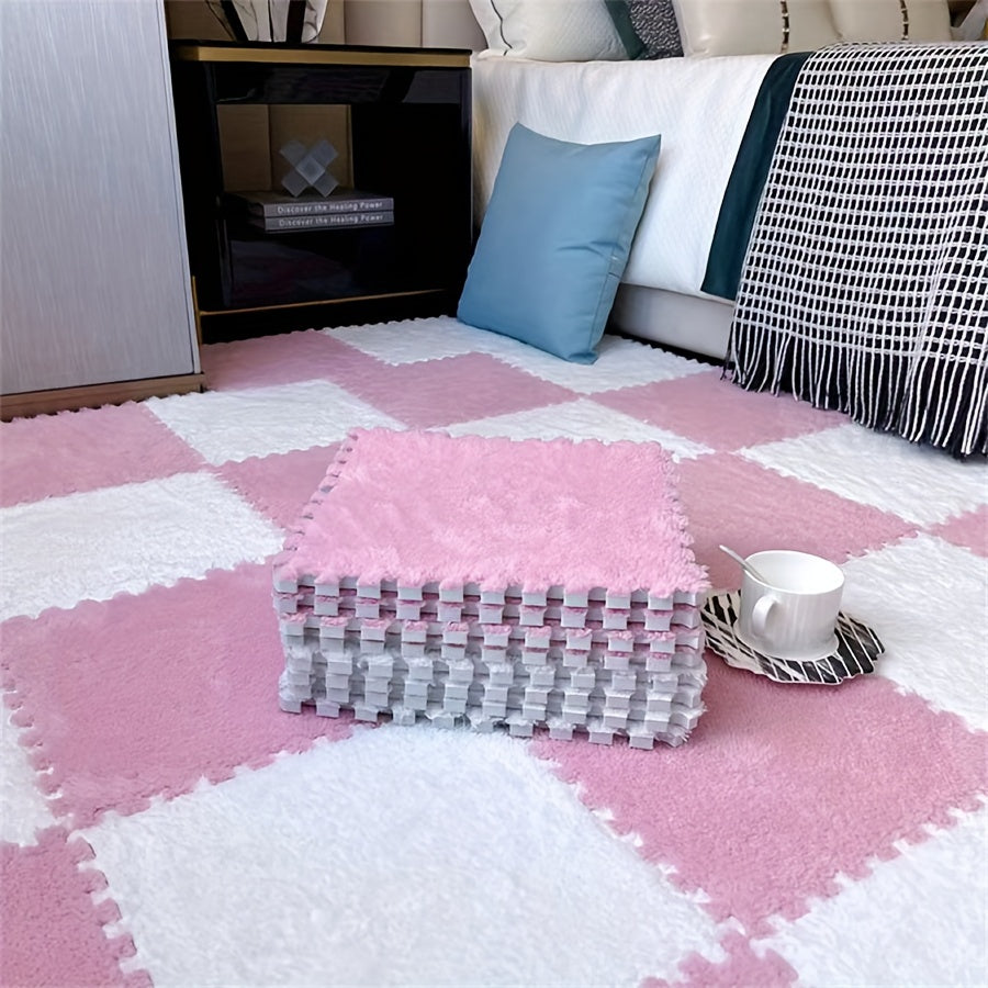 12pcs Thickened Bedroom Living Room Full Coverage Interlocking Carpet Tiles, Bedside Warmth Mat, Washable Soft Anti-Slip Floor Mats, 29.97x29.97 cm
