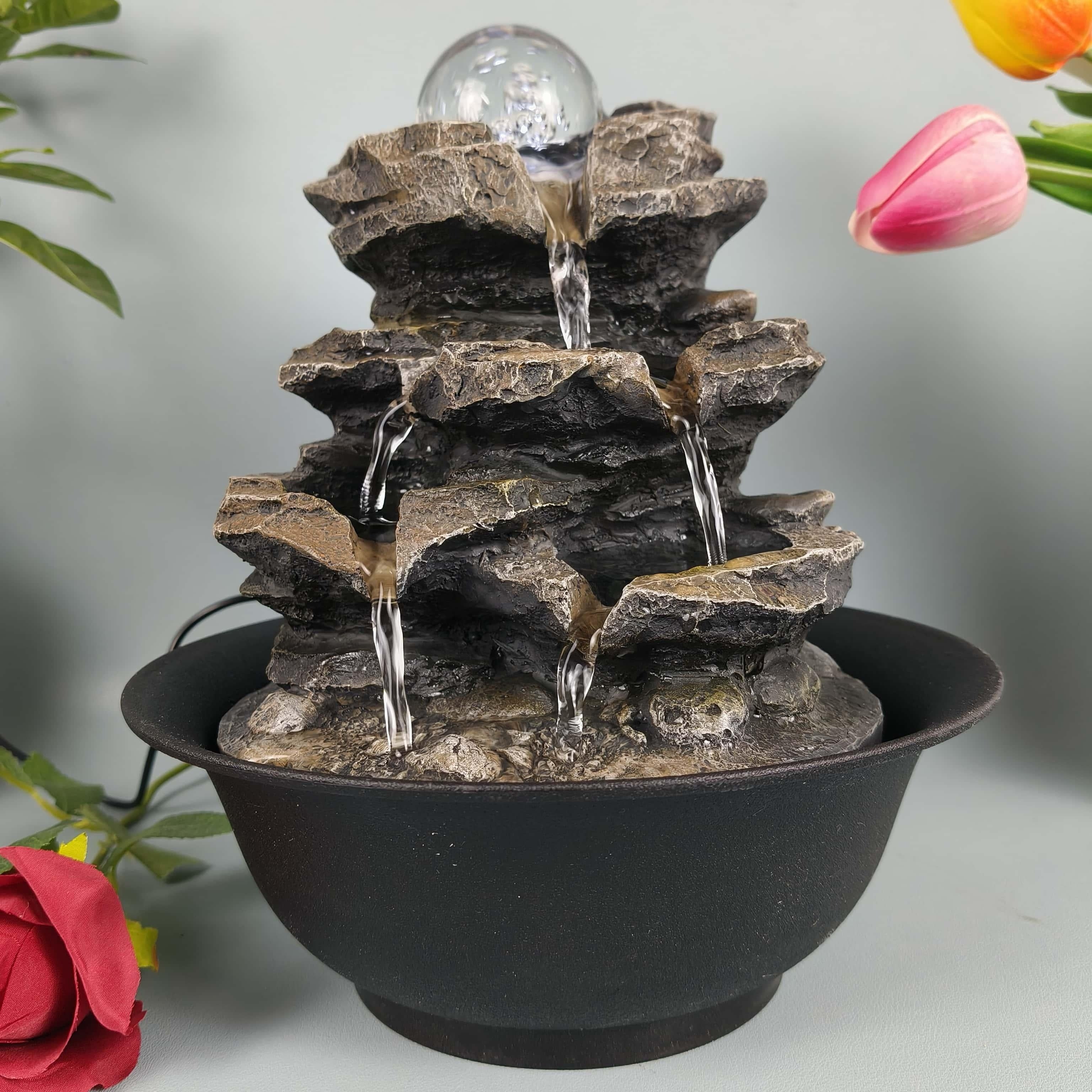 1pc 3-Tier Indoor Desktop Fountain with Natural Waterfall Sound - Elegant Black Resin Modern Water Feature, Low-Voltage (36V) Safe & Easy to Use, Soothing Flowing Water for Home Office Decor, Wedding/Christmas/Halloween Decor