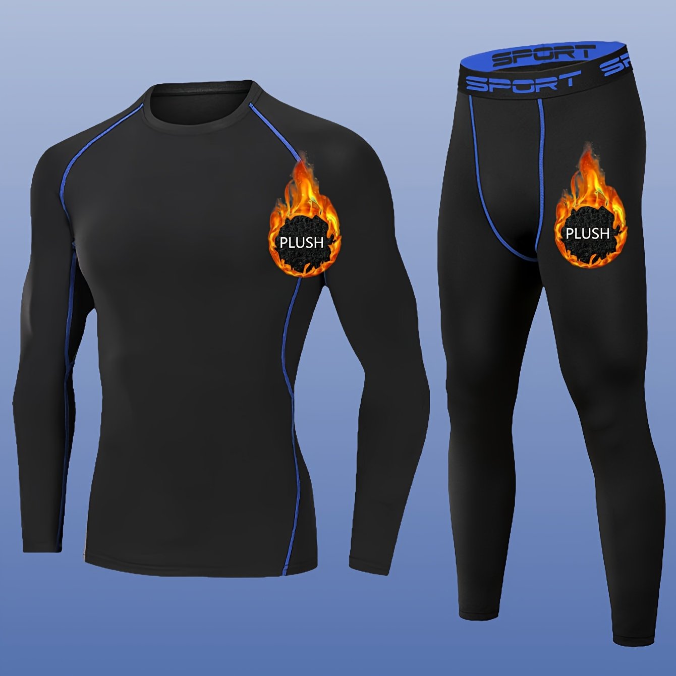 2pcs Men'S Plush Sport Compression Shirt & Leggings Set - Quick-Dry, High-Elasticity, Breathable Athletic Underwear for Running & Outdoor Activities, Black with Pink Accents, Autumn Winter Workout Gear, Workout Clothes, Autum