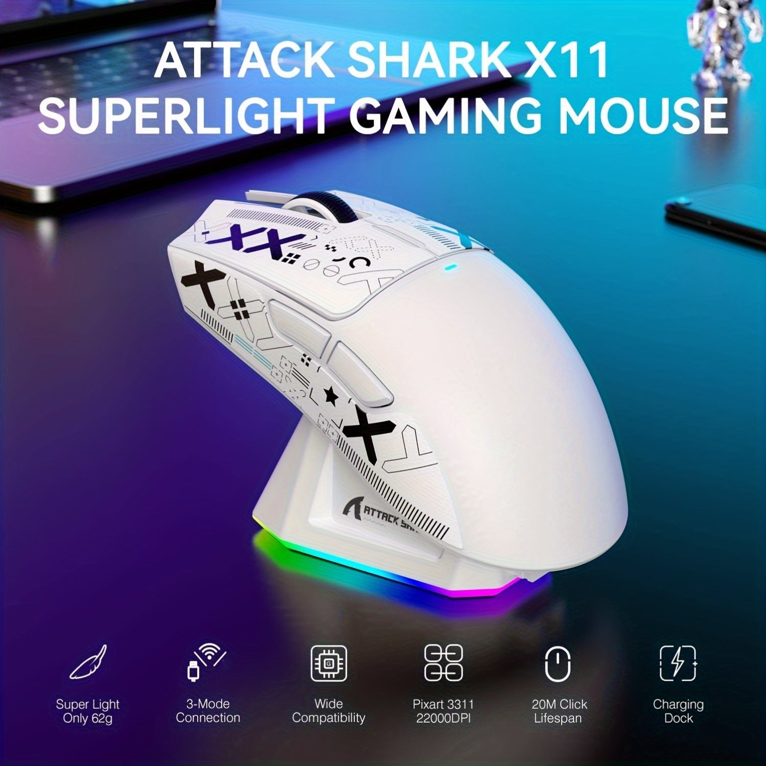 ATTACK SHARK X11 Lightweight Wireless Gaming Mouse with RGB Charging Base, 2.4G/USB-C Wired/BT 3 Mode, 22K DPI, PAW3311 Sensor, HUYU Switch, 5 Programmable Buttons, for PC White and Sticker