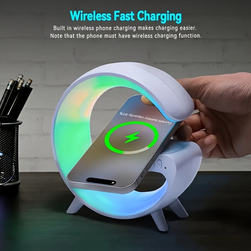 (G Light)Multifunctional Cell Phone Wireless Charging Station Fast Wireless Charger Portable Speaker Hi-FI Sound Quality LED RGB Night Light Alarm Clock for iPhone 16 15 14 13 12 11 Pro for AirPods 4 3 2 for Samsung Galaxy S2