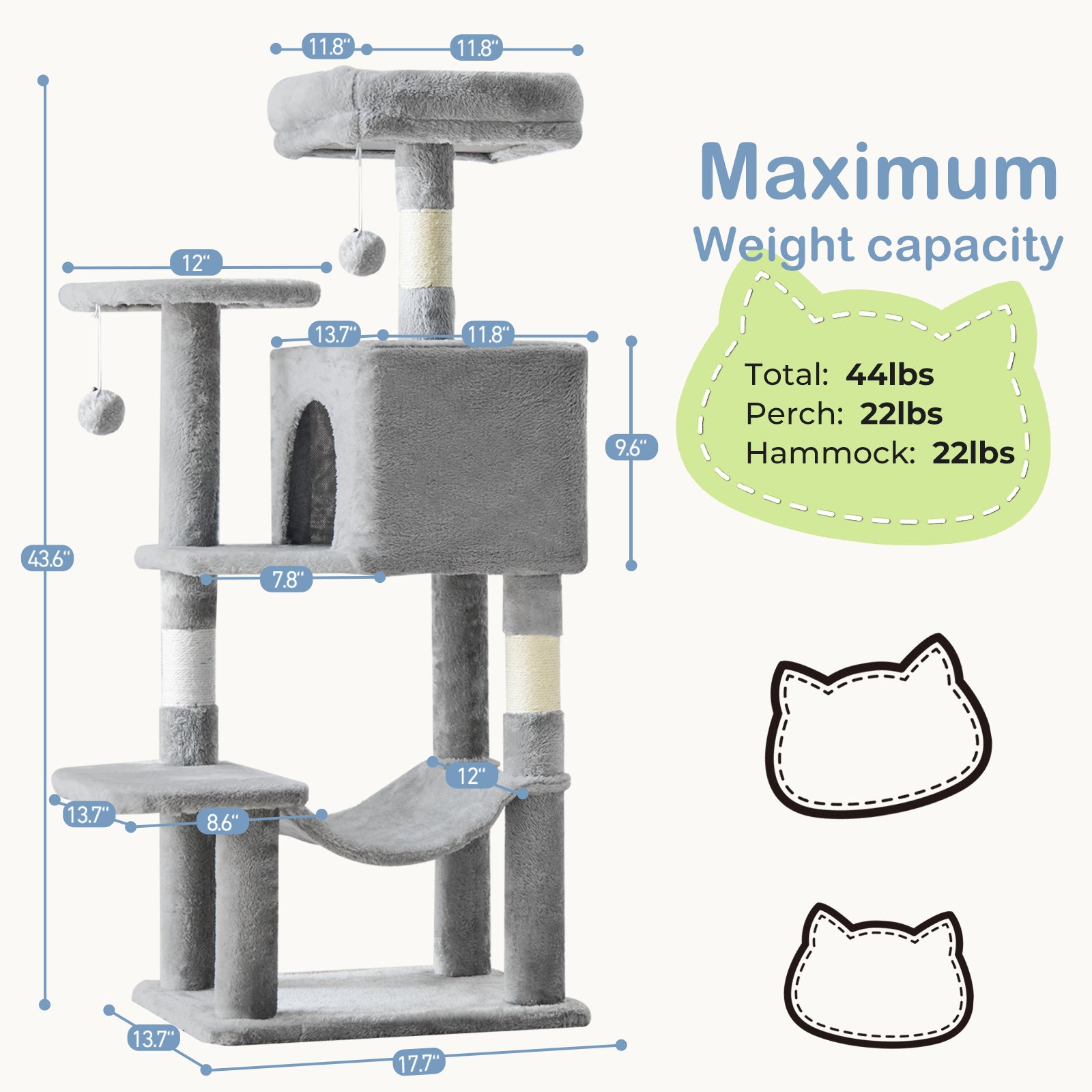 44/54 Inch Indoor Cat Tree, Cat Tower - Multi-Level Cat Condo Cat Furniture with Scratching Post, Hammock, Cave, Anti-Tilt Stable House Condo Pet Playhouse, Easy to Assemble, Perfect Gift for Indoor Kittens And Cats, Pet Home