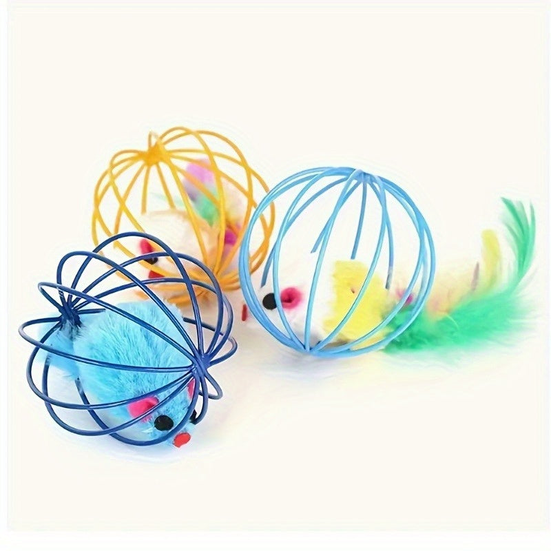 1/2pcs Random Color Artificial Feather Fluffy Cat Toy Metal Cage Mouse, Best Toys for Indoor Cats, Increase Your Interaction with Your Cat, Bring a Healthy Life to Your Cat, Without Battery