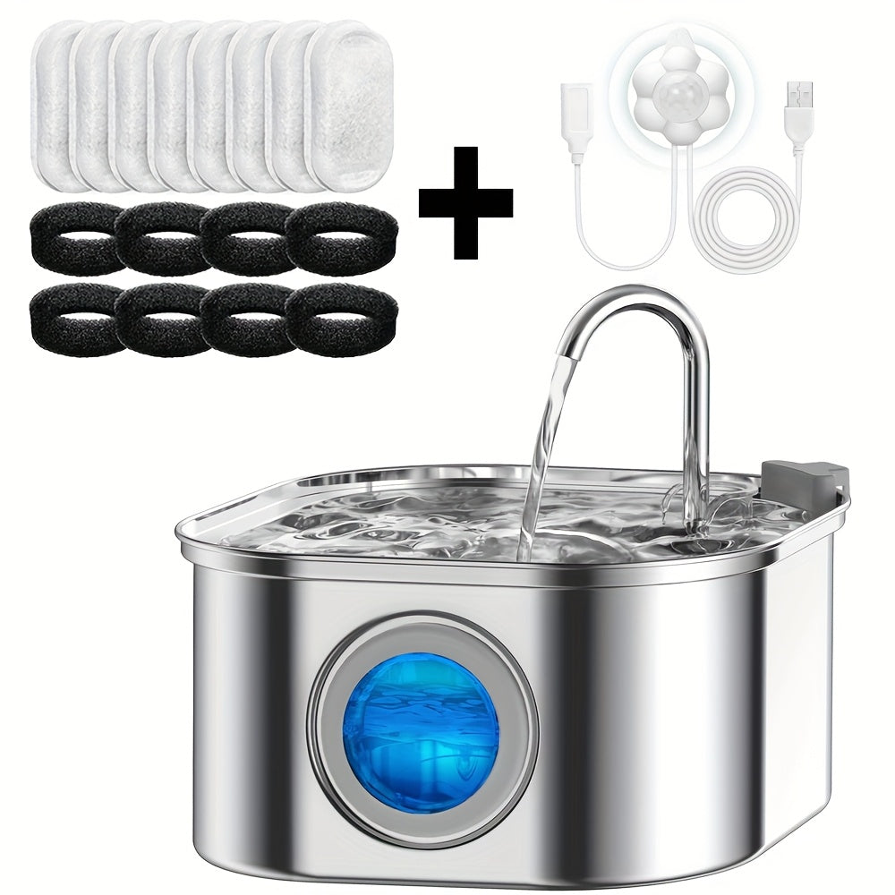 Cat Water Fountain 3.2L Stainless Steel Cat Water Fountain Ultra-Quiet Transparent Window Pet Automatic Filtration Water Fountain Dog Fountain Suitable for  and Medium-sized Dogs and Cats Automatic Water Fountain Adapter Not