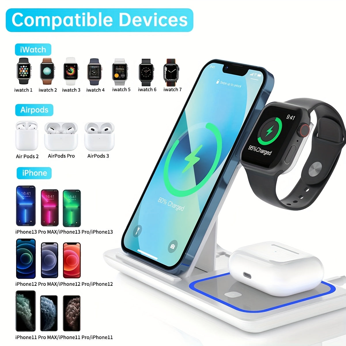 15W 3in 1 Wireless Charging Station w/Night Light for iPhone 16/15/14/13/12, Pro, Apple Watch 10/9/8/SE