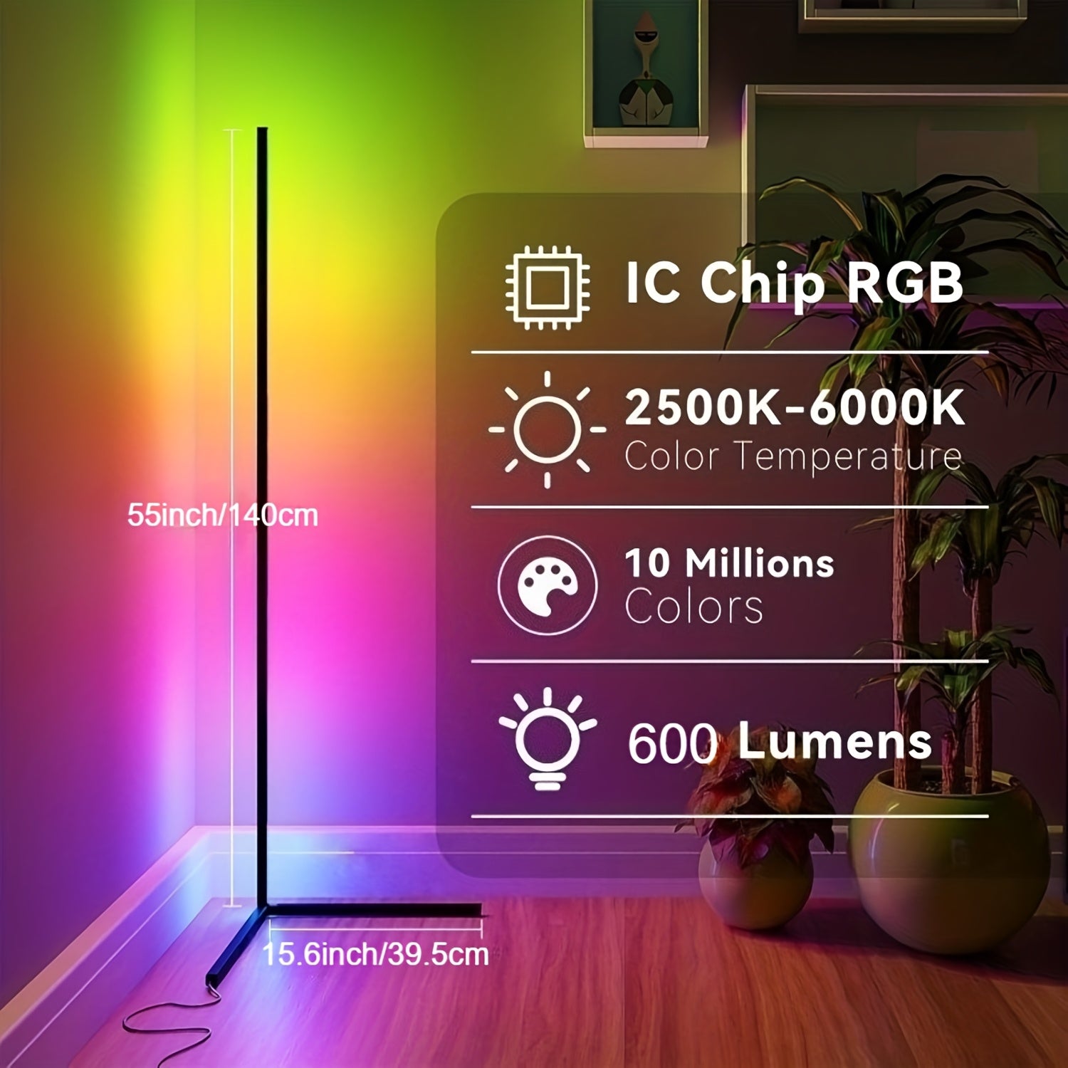 2-Pack 55" RGBW Smart Corner Floor Lamp with Smart App & Remote Control, USB Powered, Color-Changing Light, Modern Style, Adjustable Lighting, Button Switch