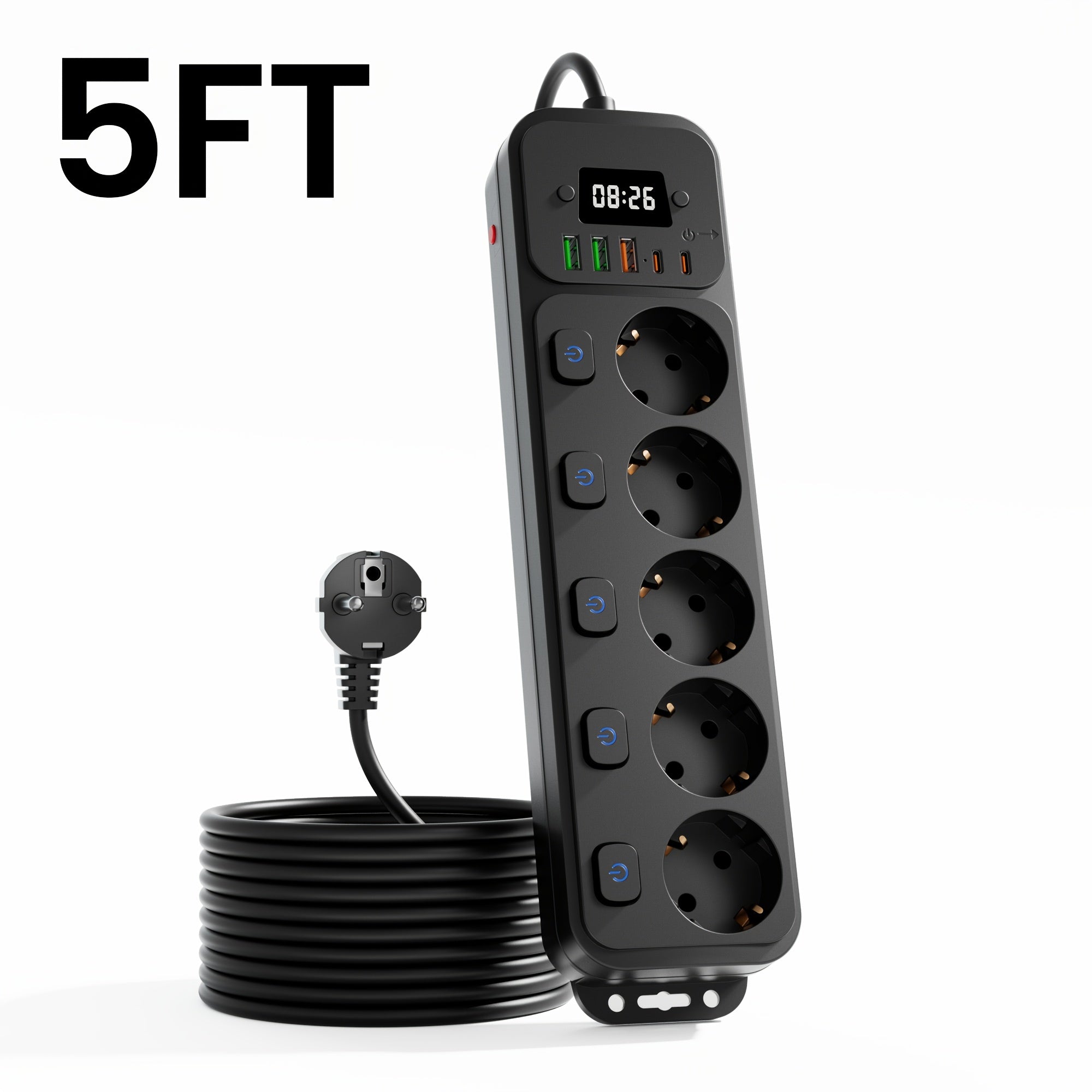 11-in-1 European Power Strip with Switch & Indicator Light, 5 AC Outlets, 3 USB Ports, 2 Type-C Ports, Clock Display, 152.4cm/3.05meter Cable Options, Overload Protection, Compact Design for Home Office, Travel, and Workspace