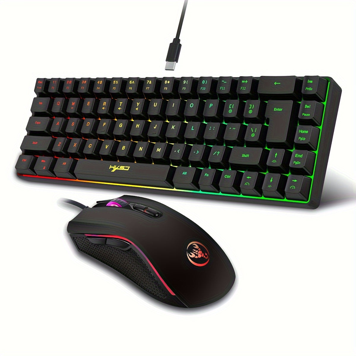 HXSJ Wired Gaming Keyboard and Mouse Set, 68 Keys with RGB Backlight, Optical Mouse, USB Plug and Play, Compatible with PC, No Battery Required