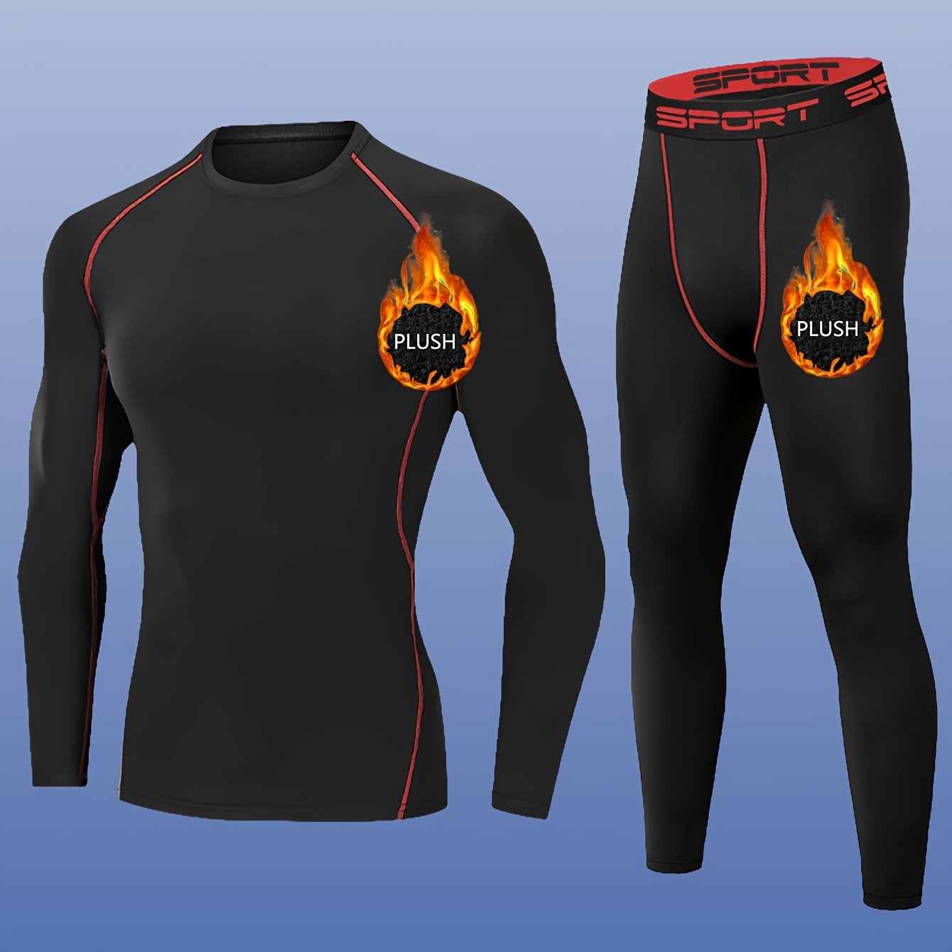 2pcs Men'S Plush Sport Compression Shirt & Leggings Set - Quick-Dry, High-Elasticity, Breathable Athletic Underwear for Running & Outdoor Activities, Black with Pink Accents, Autumn Winter Workout Gear, Workout Clothes, Autum