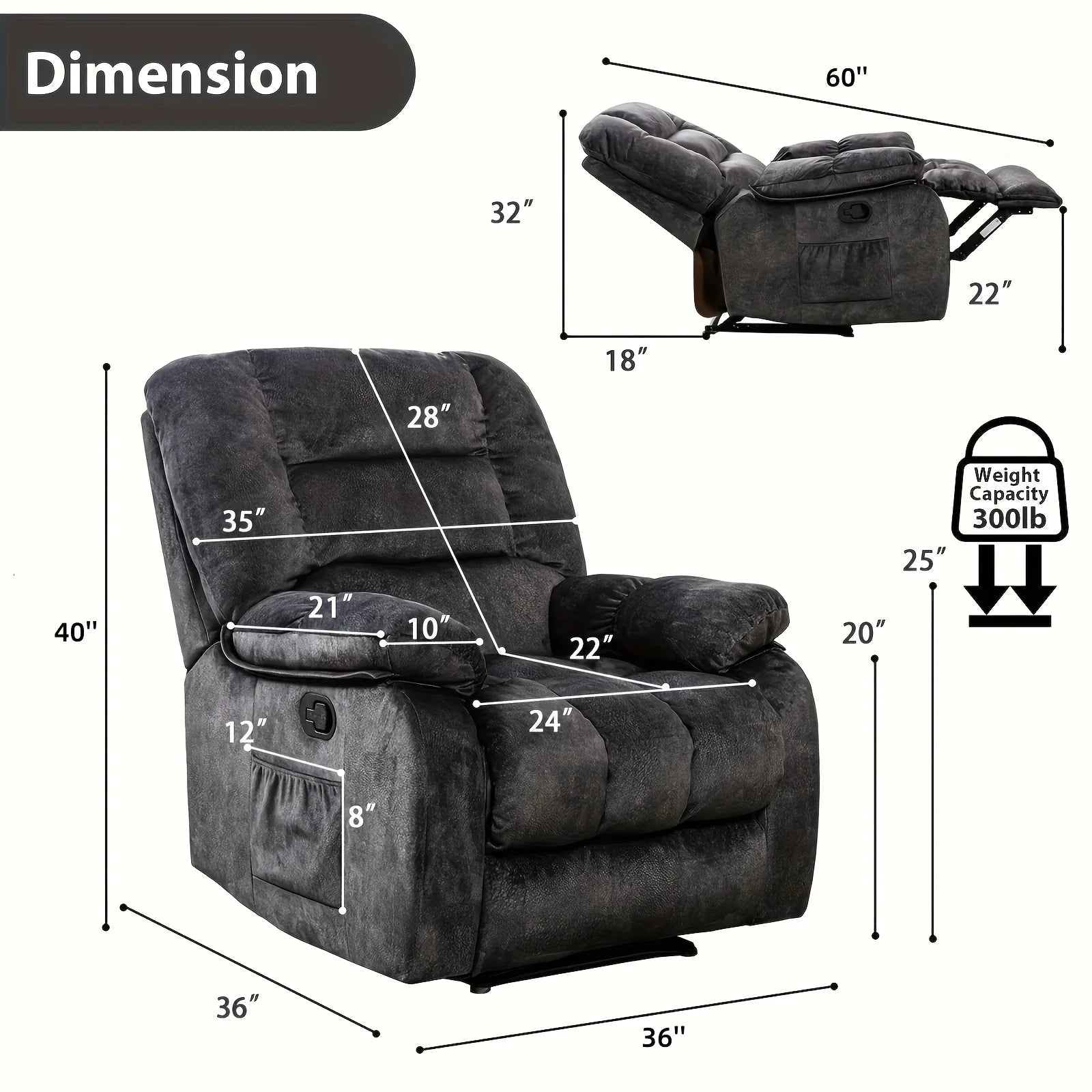 Manual Recliner Chair with Massage & Heating, Oversized Overstuffed Reclining Sofa with Side Pockets, for Living Room & Bedroom, Grey