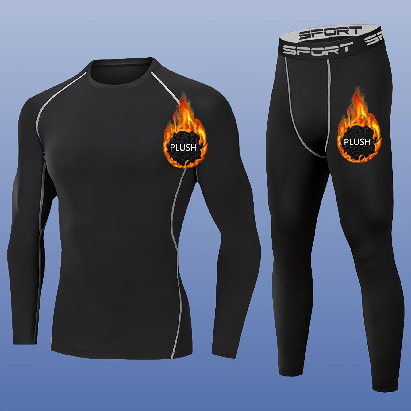 2pcs Men'S Plush Sport Compression Shirt & Leggings Set - Quick-Dry, High-Elasticity, Breathable Athletic Underwear for Running & Outdoor Activities, Black with Pink Accents, Autumn Winter Workout Gear, Workout Clothes, Autum