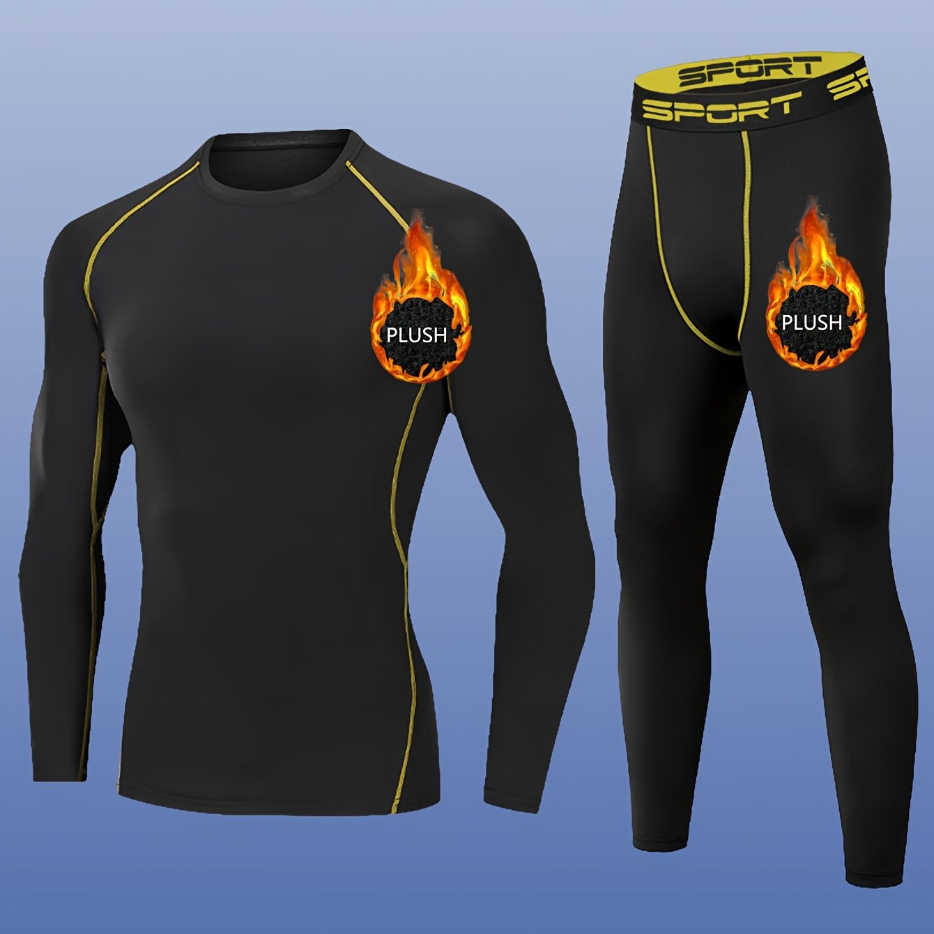 2pcs Men'S Plush Sport Compression Shirt & Leggings Set - Quick-Dry, High-Elasticity, Breathable Athletic Underwear for Running & Outdoor Activities, Black with Pink Accents, Autumn Winter Workout Gear, Workout Clothes, Autum