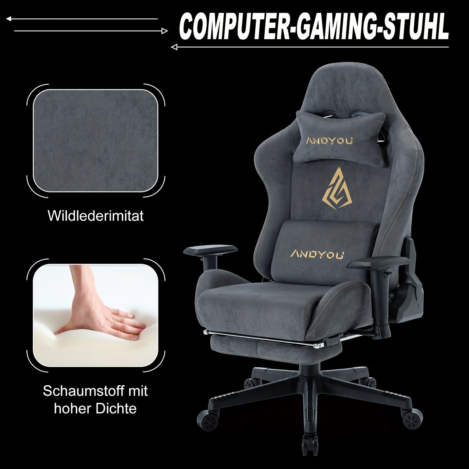 ANDYOU Gaming Chair, Breathable Office Chair, High Quality Fabric Soft Like Faux Fur. Ergonomic PC Chair, Adjustable Swivel Work Chairs With Footrest