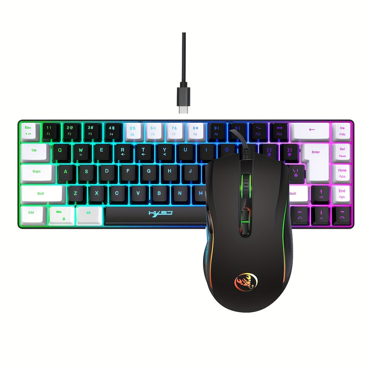 HXSJ Wired Gaming Keyboard and Mouse Set, 68 Keys with RGB Backlight, Optical Mouse, USB Plug and Play, Compatible with PC, No Battery Required