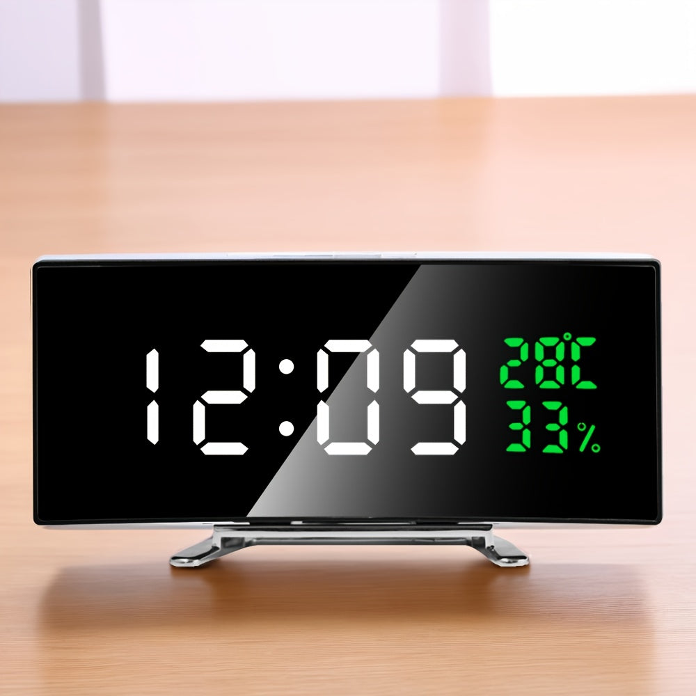 1pc innovative LED alarm clock with curved display screen, multifunctional LED alarm clock with curved large screen display, electronic desk clock display time, temperature, humidity, USB power supply (Use USB to plug in and