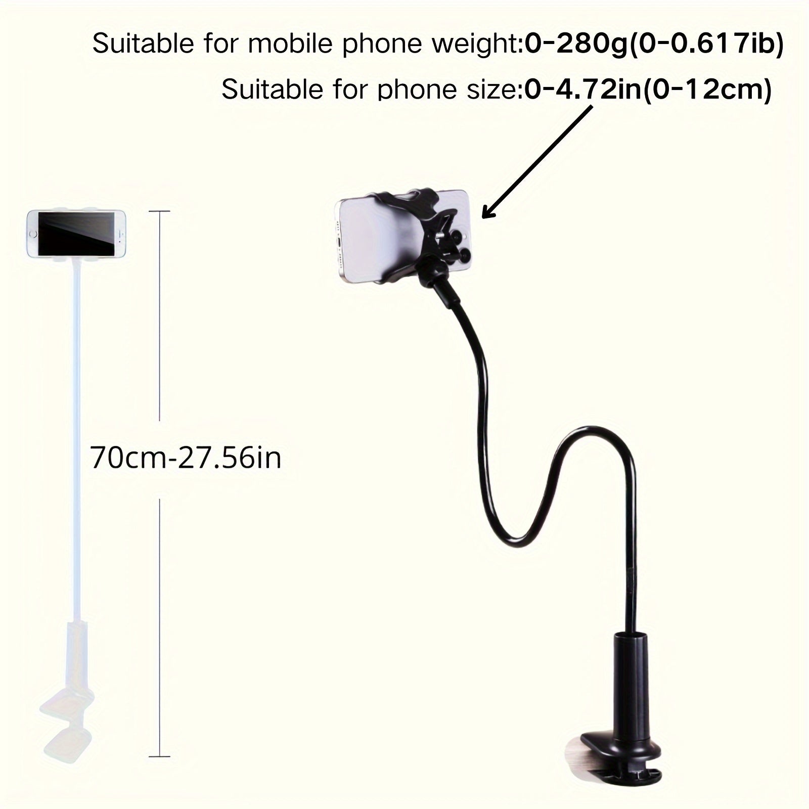 1pc Adjustable Gooseneck Phone Holder with Grip - Flexible Long Arm Clamp for iPhone 15 Pro Max, 12, 13, 14 | Stable Desk & Bed Mount, Hands-Free Viewing, Durable ABS Material, Ergonomic Design, Bed Phone Holder | Ergonomic G
