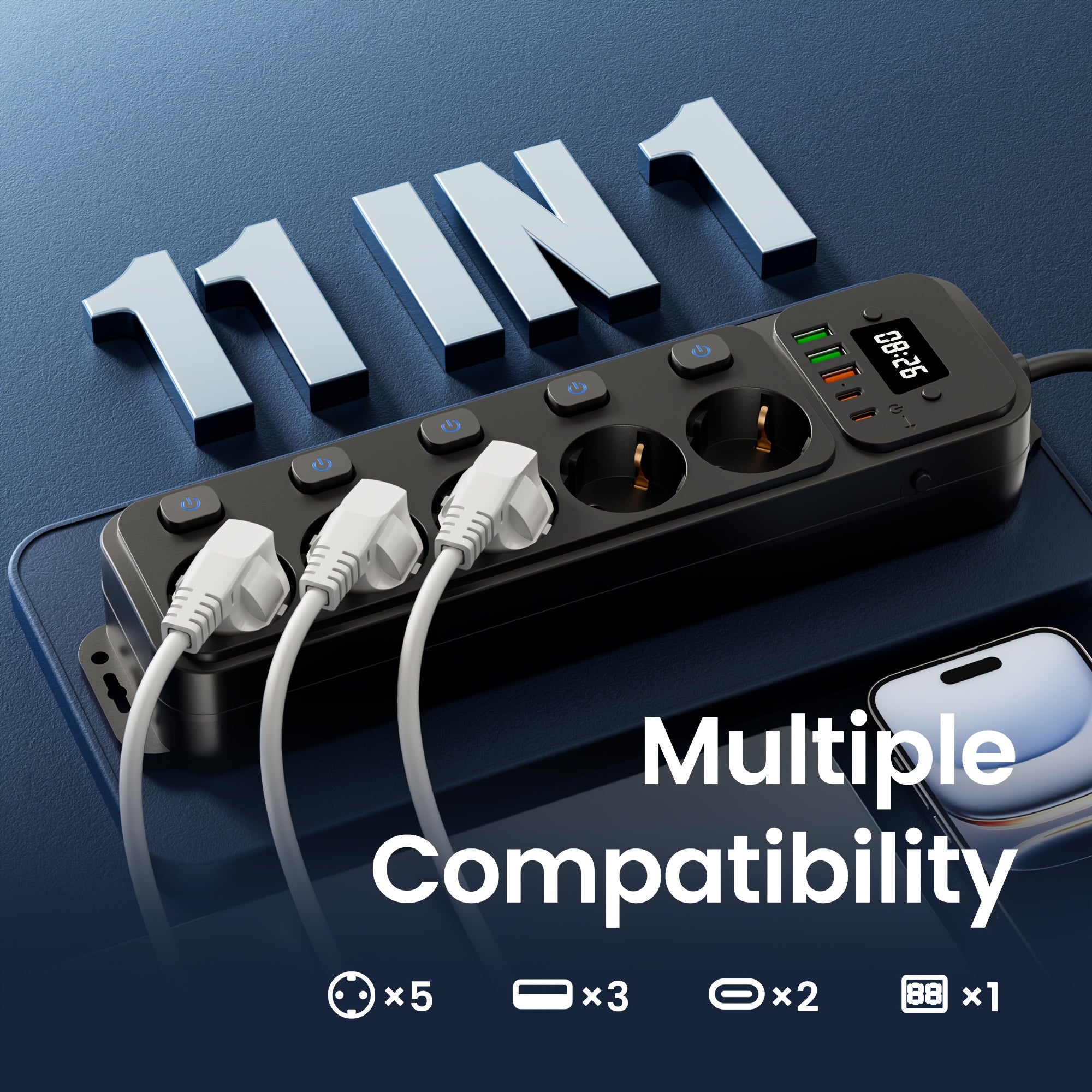 11-in-1 European Power Strip with Switch & Indicator Light, 5 AC Outlets, 3 USB Ports, 2 Type-C Ports, Clock Display, 152.4cm/3.05meter Cable Options, Overload Protection, Compact Design for Home Office, Travel, and Workspace
