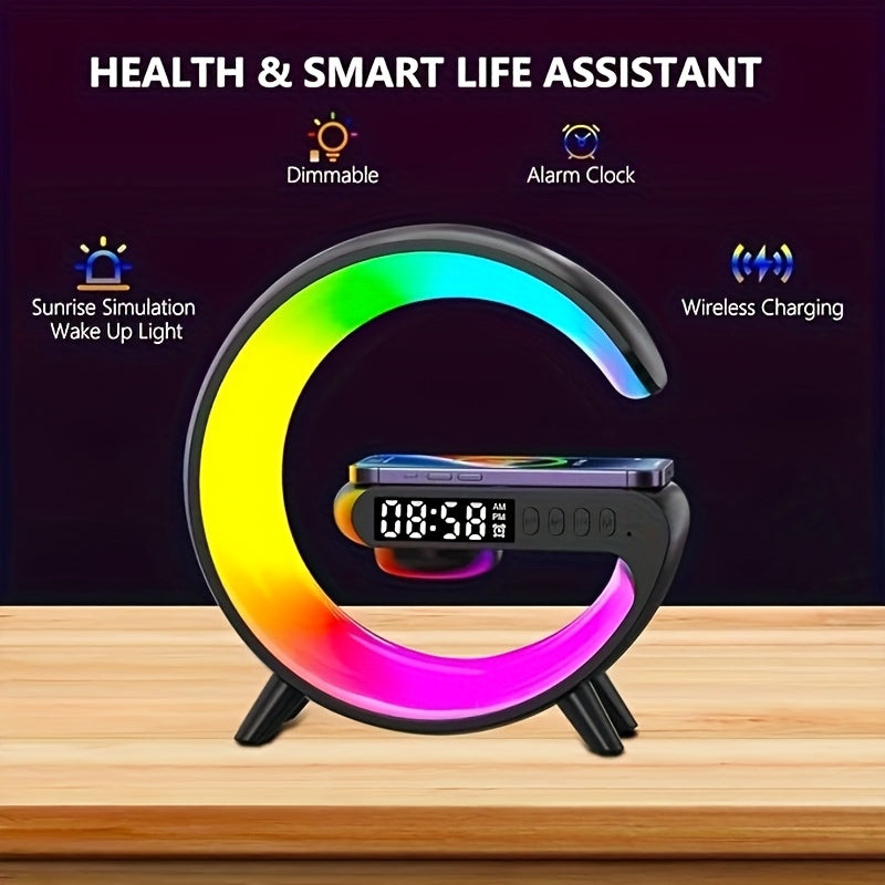(G Light)Multifunctional Cell Phone Wireless Charging Station Fast Wireless Charger Portable Speaker Hi-FI Sound Quality LED RGB Night Light Alarm Clock for iPhone 16 15 14 13 12 11 Pro for AirPods 4 3 2 for Samsung Galaxy S2