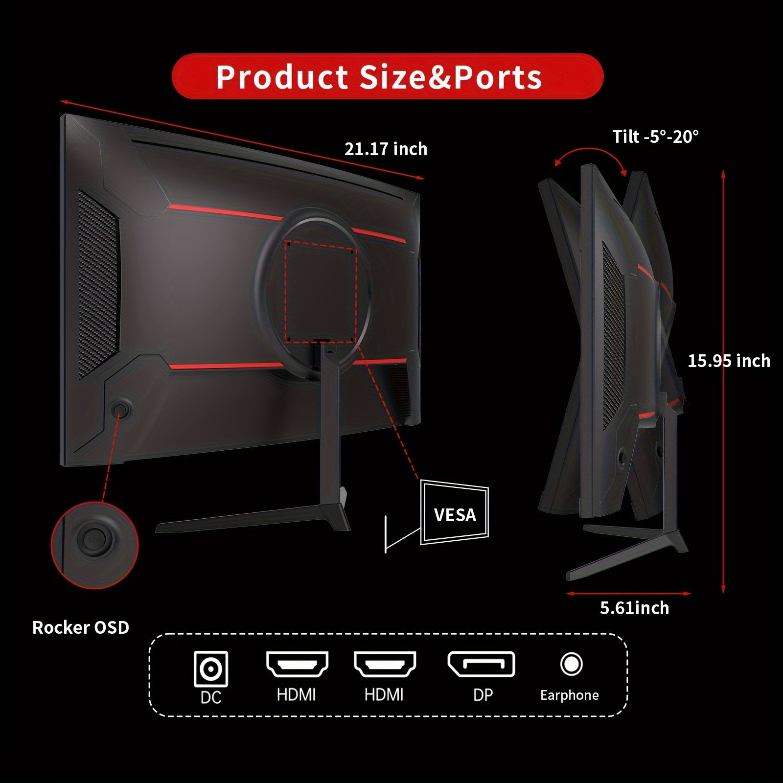24 Inch Curved Gaming Monitor, 165Hz FHD 1080P Frameless Computer Monitor, Freesync/G-Sync Support, 99% SRGB, 3000:1 Contrast, HDTV, DisplayPort, Wall Mountable/Tilt Adjustable, H24S17