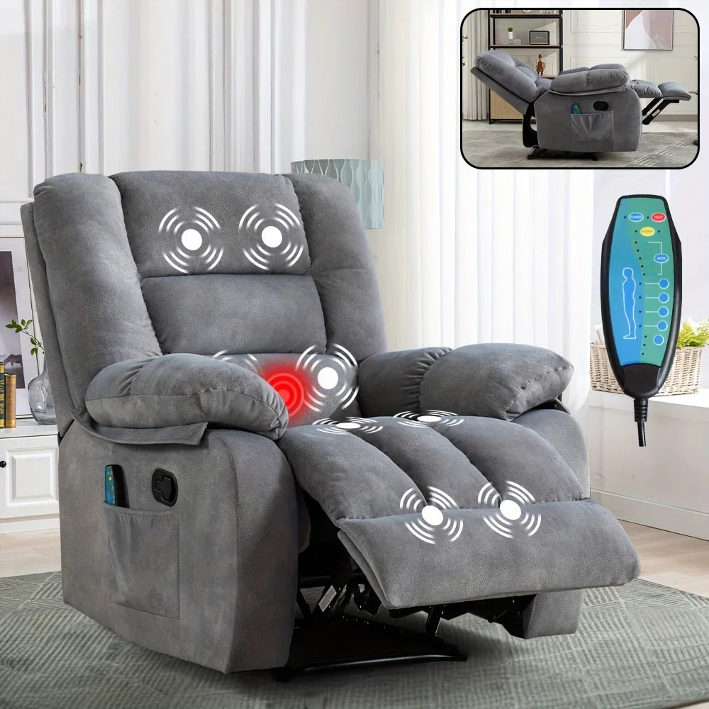 Manual Recliner Chair with Massage & Heating, Oversized Overstuffed Reclining Sofa with Side Pockets, for Living Room & Bedroom, Grey
