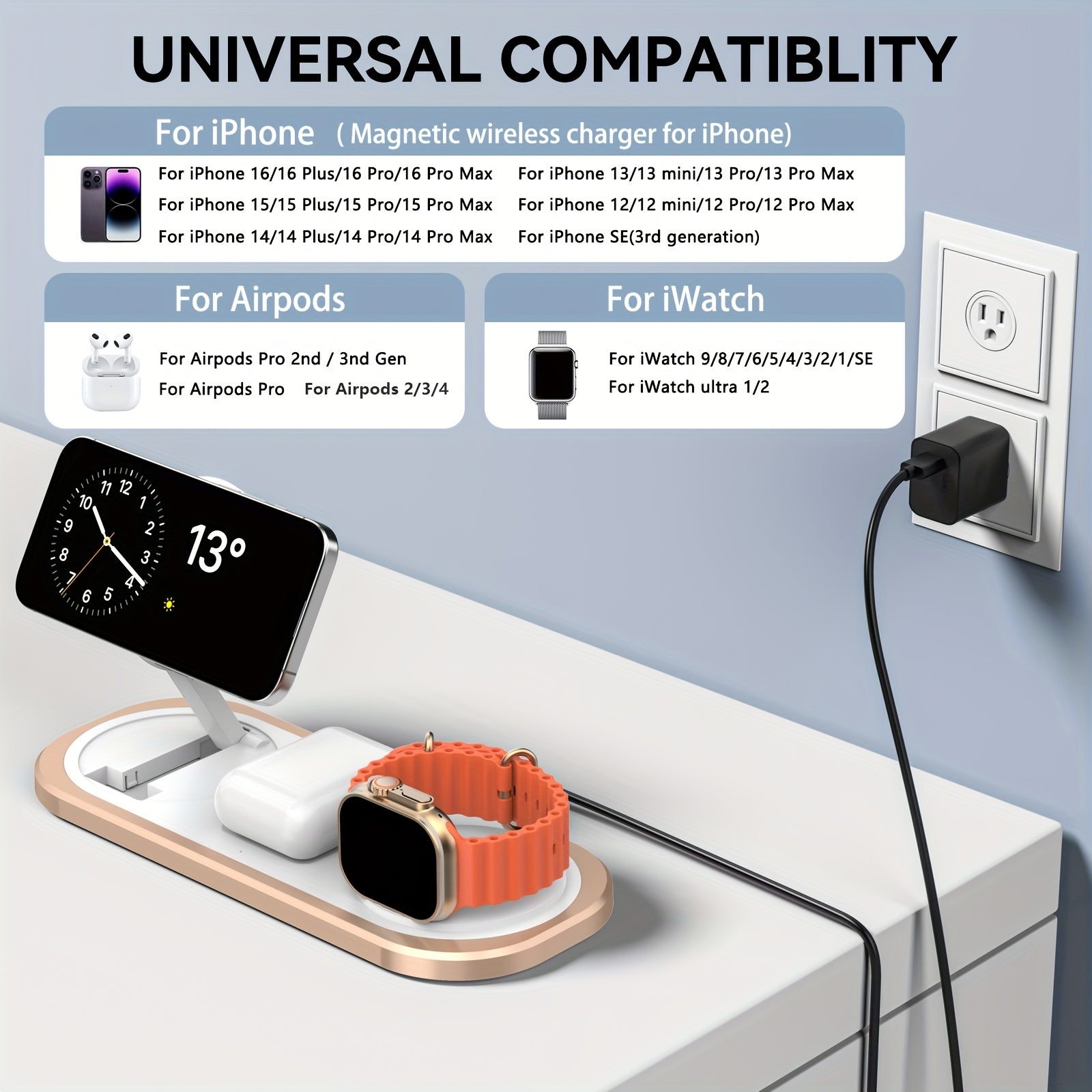 3-in-1 Wireless Charger for iPhone, Foldable Charging Station Compatible with iPhone 16/15/14/13/12/Pro Max/Pro/Mini/Plus, Suitable for iWatch 10/9/8/7/SE/6/5/4/3/2/Ultra2/Ultra, Fits Pro/2/3/4