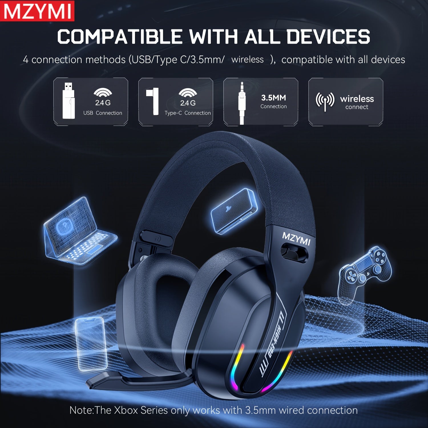 MZYMI GT100 2.4GHz/Wireless Gaming Headset for PlayStation 5 4, Gamer Headphones with Detachable Microphone for PS5, PS4, PC, Switch, Ultra-low Latency, 25 Hours Playtime, Wired Mode for Xbox Series, Console Gaming, Pc Headse