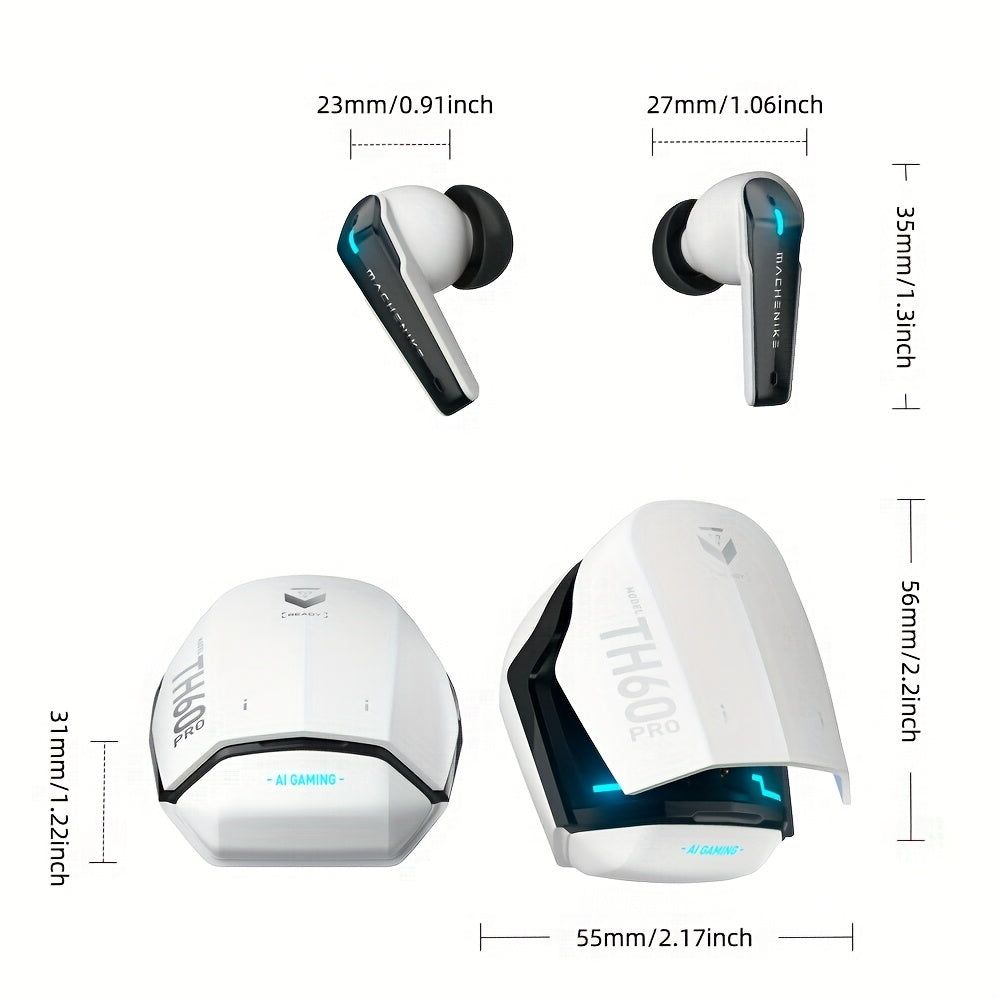 MACHENIKE TH60Pro AI Wireless Earphones TWS Earbuds 0.04s Low Latency Gaming Headset Quad Mic EMC Noise Cancelling Dual Core Sound Real Time Translator In Ear Sports Earbuds White