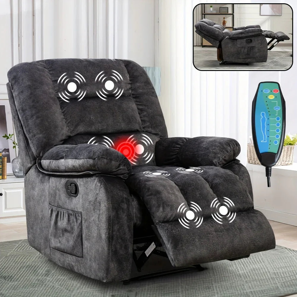 Manual Recliner Chair with Massage & Heating, Oversized Overstuffed Reclining Sofa with Side Pockets, for Living Room & Bedroom, Grey