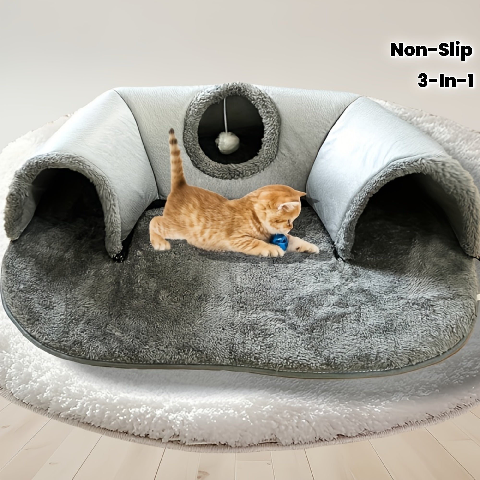 3-in-1 Cozy Cat Tunnel Bed - Play Mat & Warm Nest with Non-Slip Base for Small to Medium Cats, Rabbits & Hamsters