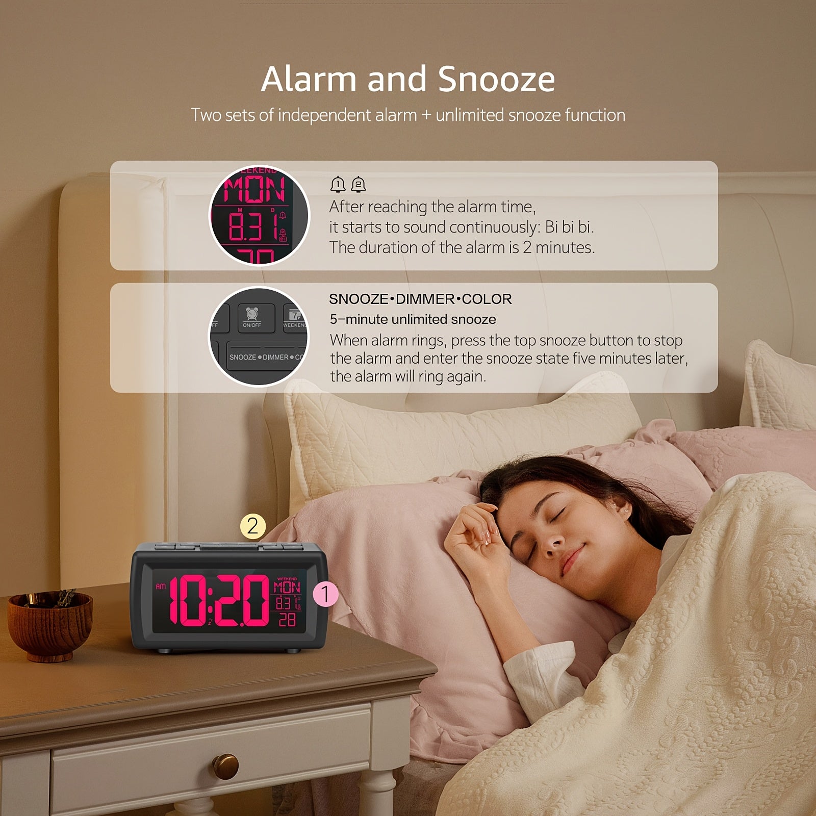 1pc SMOUPING Large Digital Alarm Clock Radio/VA Display, 7-Color Changing Backlight/USB (Battery Backup)/FM Radio/Sleep Timer/Snooze/Dimmer & Loud Alarm/Bedside Clock for s, Seniors