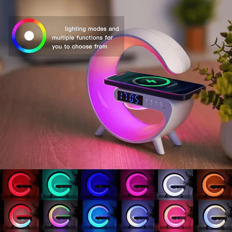 (G Light)Multifunctional Cell Phone Wireless Charging Station Fast Wireless Charger Portable Speaker Hi-FI Sound Quality LED RGB Night Light Alarm Clock for iPhone 16 15 14 13 12 11 Pro for AirPods 4 3 2 for Samsung Galaxy S2
