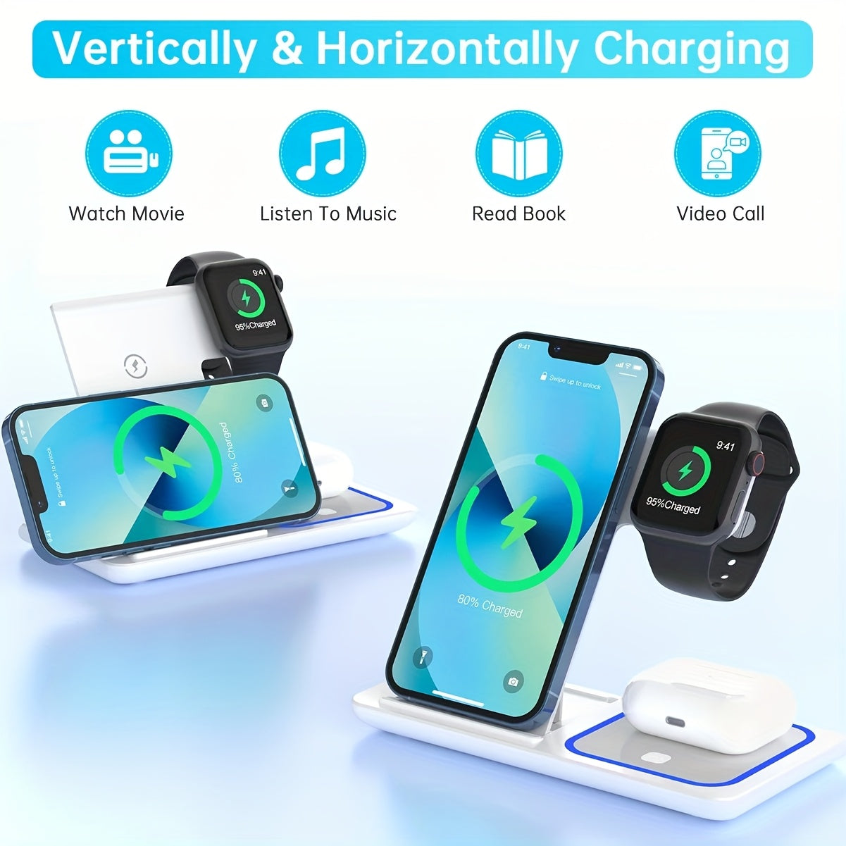 15W 3in 1 Wireless Charging Station w/Night Light for iPhone 16/15/14/13/12, Pro, Apple Watch 10/9/8/SE
