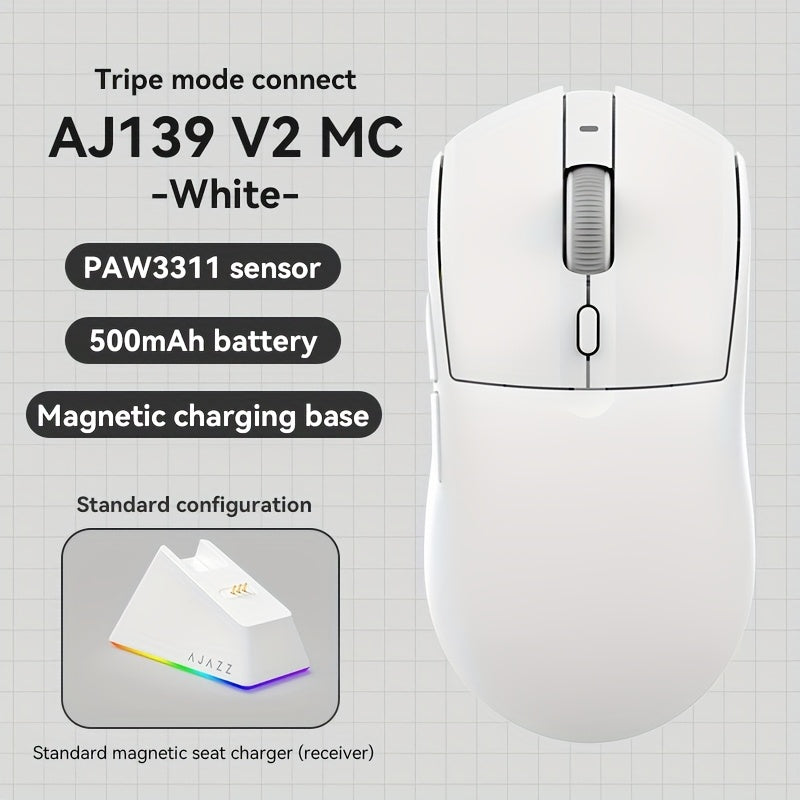 AJAZZ Genuine New AJ139 V2 Tri-Mode Wireless Mouse with Charging Dock, 3311 Chip, 1K Polling Rate, Long Battery Life 500mAh Rechargeable