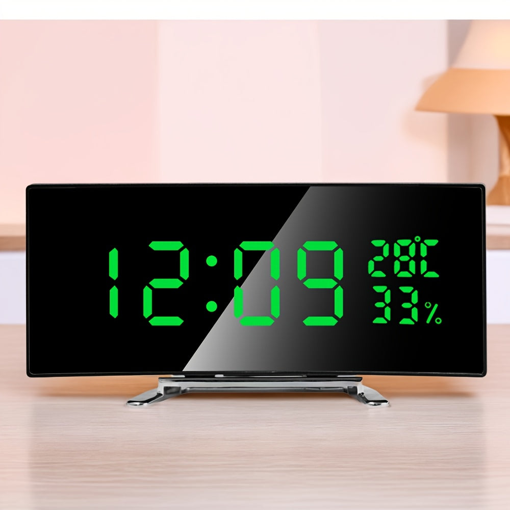 1pc innovative LED alarm clock with curved display screen, multifunctional LED alarm clock with curved large screen display, electronic desk clock display time, temperature, humidity, USB power supply (Use USB to plug in and
