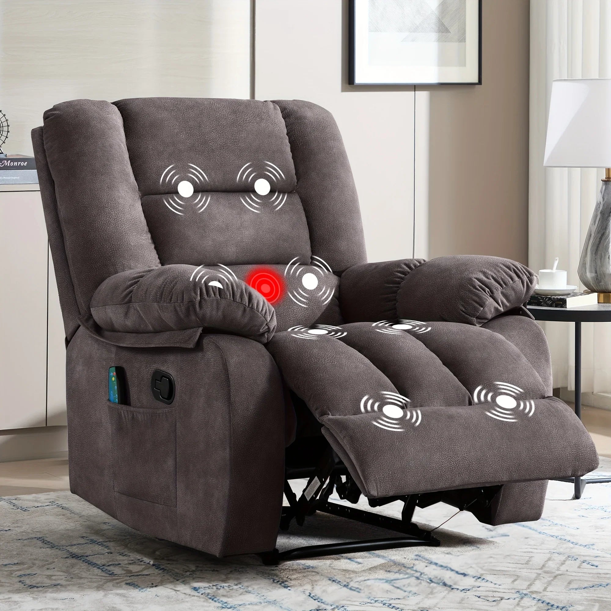 Manual Recliner Chair with Massage & Heating, Oversized Overstuffed Reclining Sofa with Side Pockets, for Living Room & Bedroom, Grey