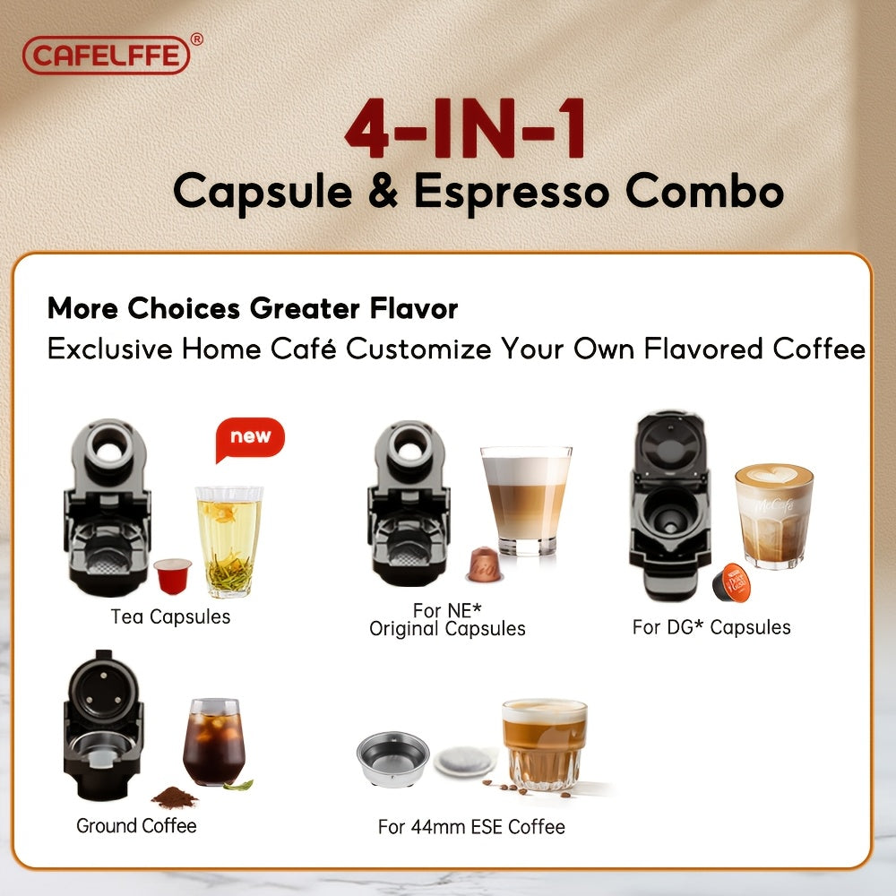 CAFELFFE 4 In 1 Capsule Coffee Maker MK603, Hot/Cold Brew Espresso Machine, 19Bar, Suitable For Nec* Capsules, DG* Capsules, ESE And Coffee Powder, Easy To Clean, Rust-proof, 0.6L Removable Water Tank, Suitable For Home Kitch