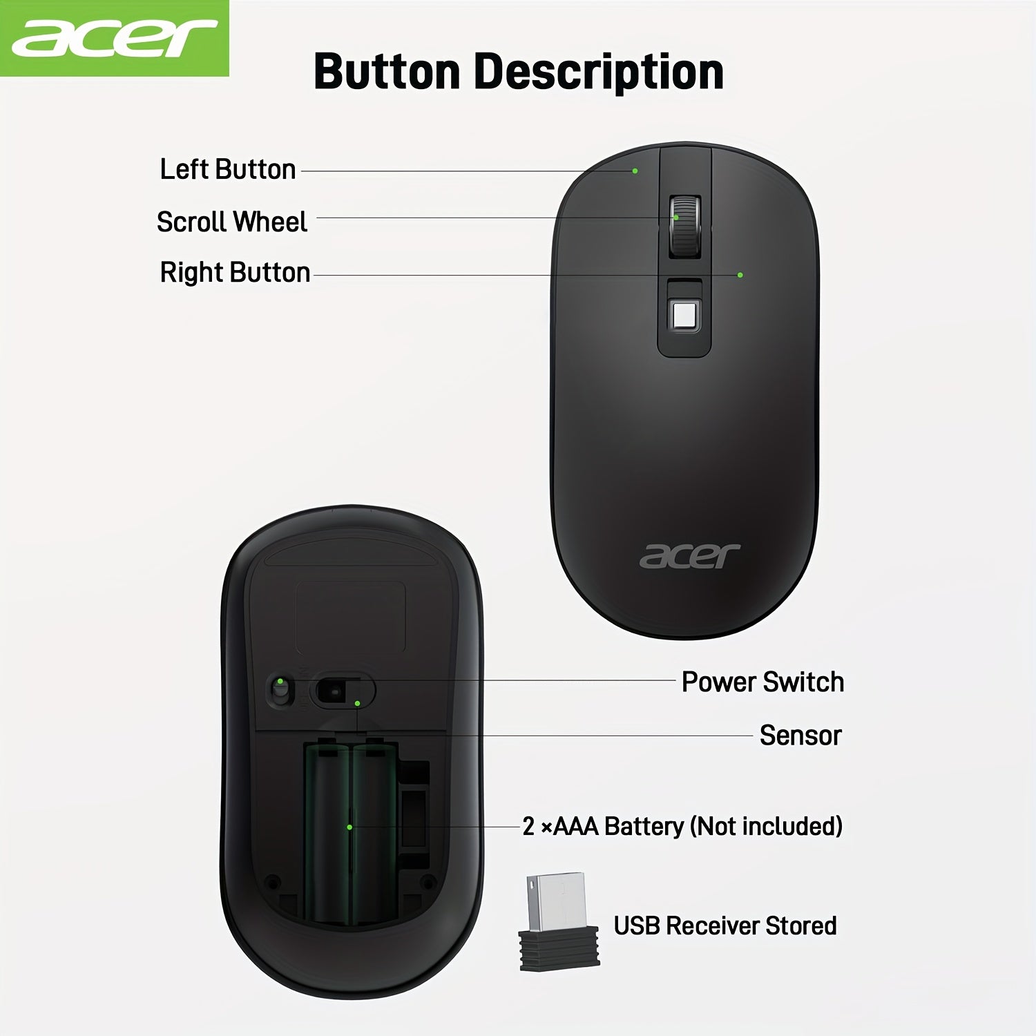 ACER Computer Mouse Wireless, 2.4G Slim USB Wireless Mice with USB Receiver, Laptop Mouse with 4 Buttons, Portable for Laptop, Desktop, PC, Wireless Mouse for Laptop, Ergonomic Mouse, Computer Mouse Wireless USB, Wireless Mou