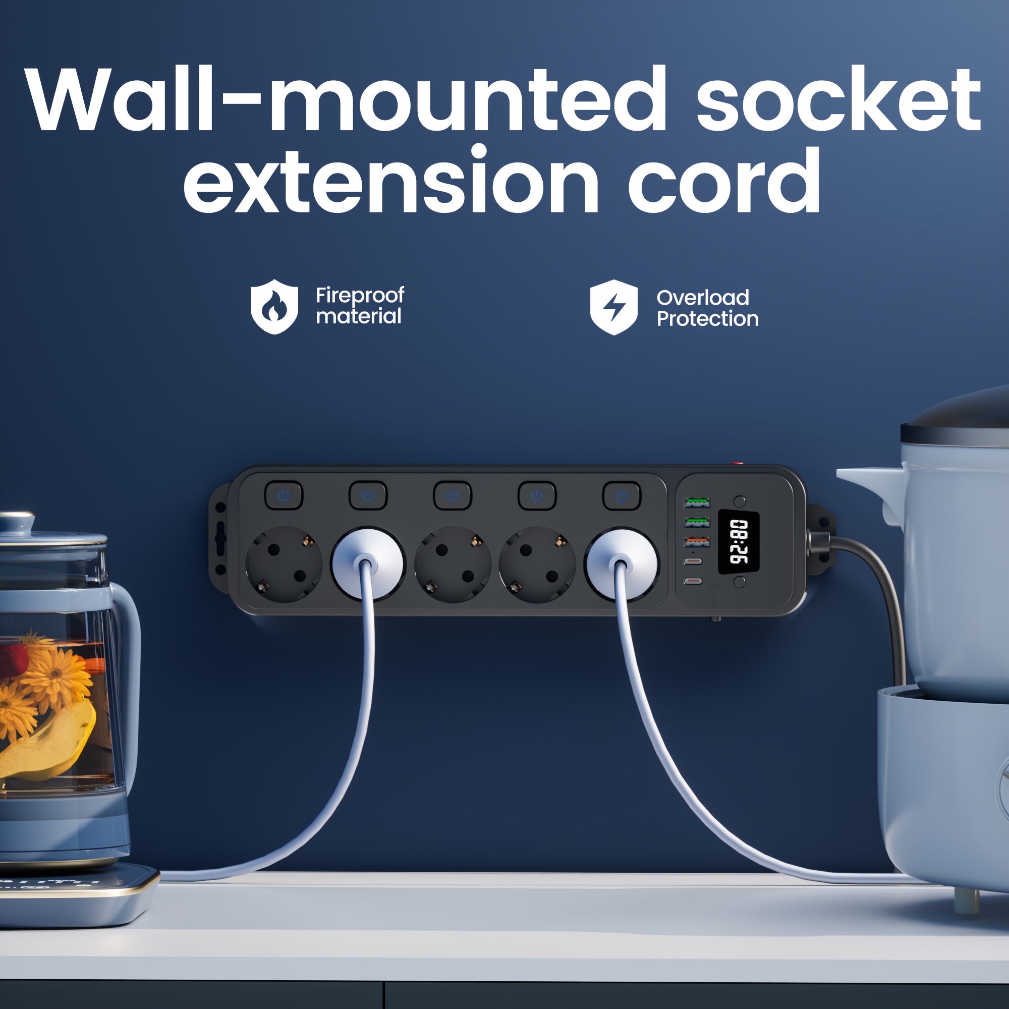 11-in-1 European Power Strip with Switch & Indicator Light, 5 AC Outlets, 3 USB Ports, 2 Type-C Ports, Clock Display, 152.4cm/3.05meter Cable Options, Overload Protection, Compact Design for Home Office, Travel, and Workspace