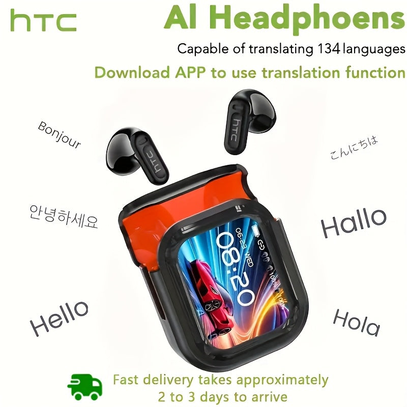 HTC NE20 AI AT WS Wireless Translator Earphones 6.0 Supports 134 Languages Real-time Translation with Screen Earphones Suitable for Sports, Running and Work, HIFI Earphones, Work Headphones, Sports Earbuds, Ergonomic Fit, Lig
