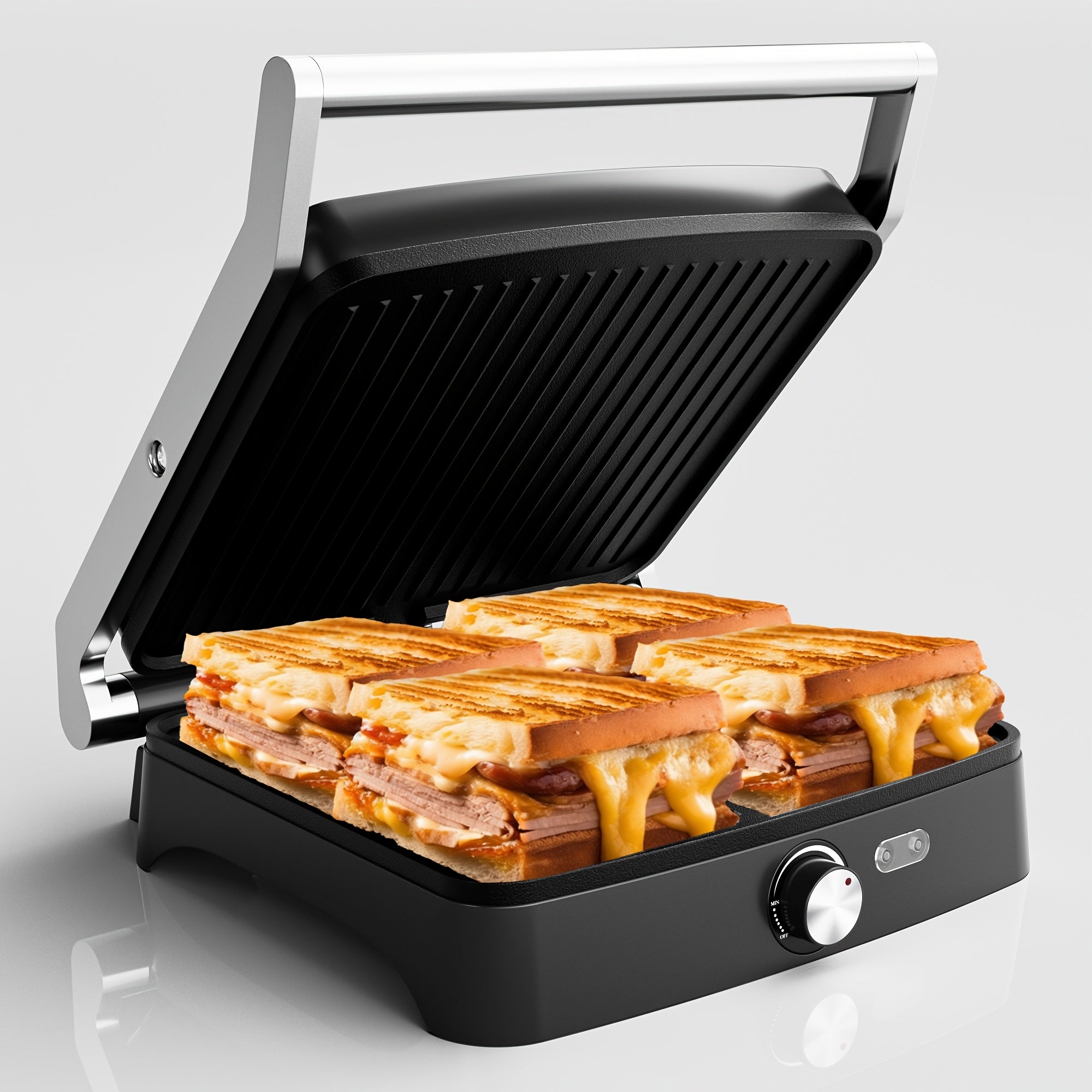 4-Slice Panini Press, 1200W Stainless Steel Sandwich Maker with 180° Opening & Adjustable Temp Control, Nonstick Plates - Perfect for Grilled Cheese & Panini
