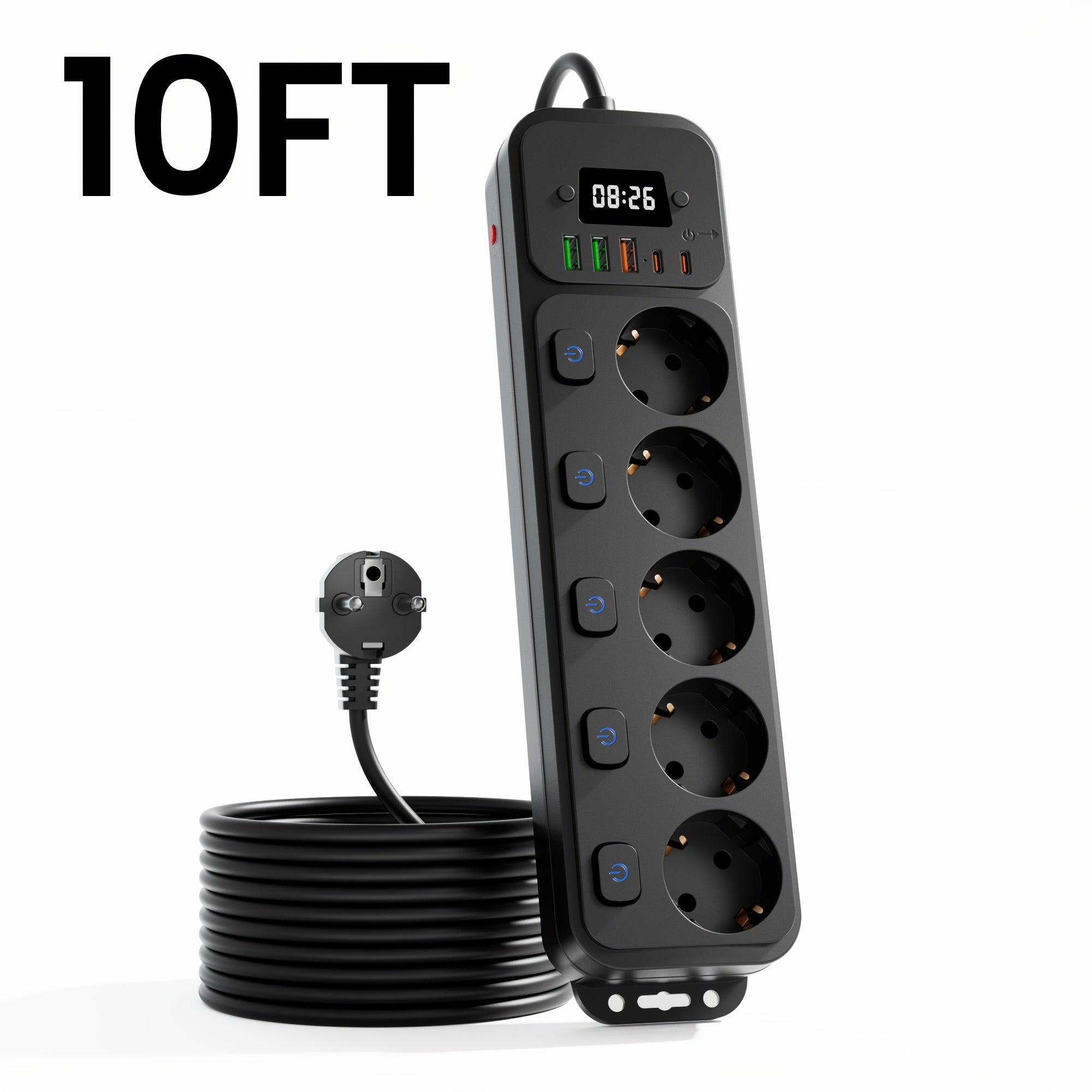 11-in-1 European Power Strip with Switch & Indicator Light, 5 AC Outlets, 3 USB Ports, 2 Type-C Ports, Clock Display, 152.4cm/3.05meter Cable Options, Overload Protection, Compact Design for Home Office, Travel, and Workspace