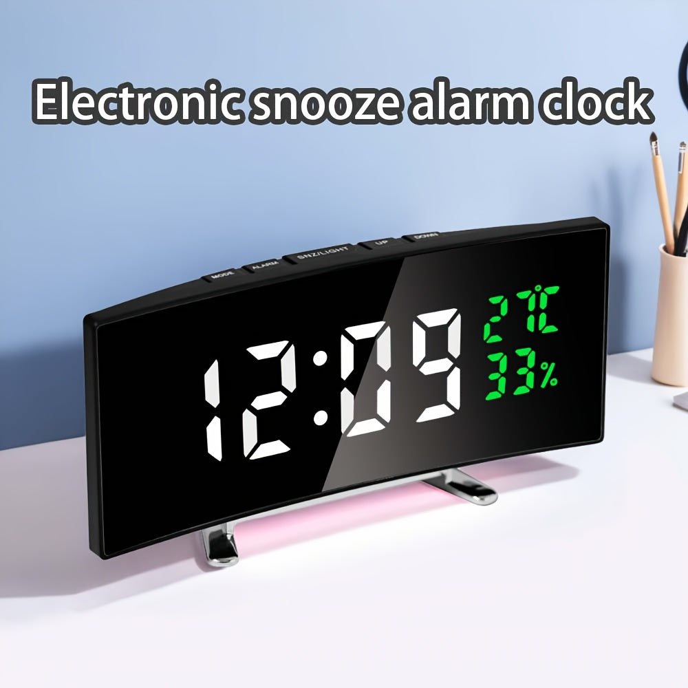1pc innovative LED alarm clock with curved display screen, multifunctional LED alarm clock with curved large screen display, electronic desk clock display time, temperature, humidity, USB power supply (Use USB to plug in and